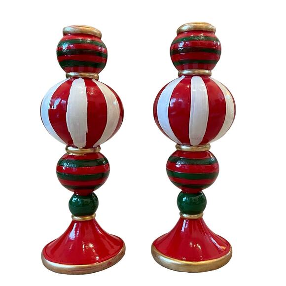 Martha Stewart HOLIDAY Candle Holders Hand-Painted Red White Green Set of 2 NEW - Picture 1 of 16